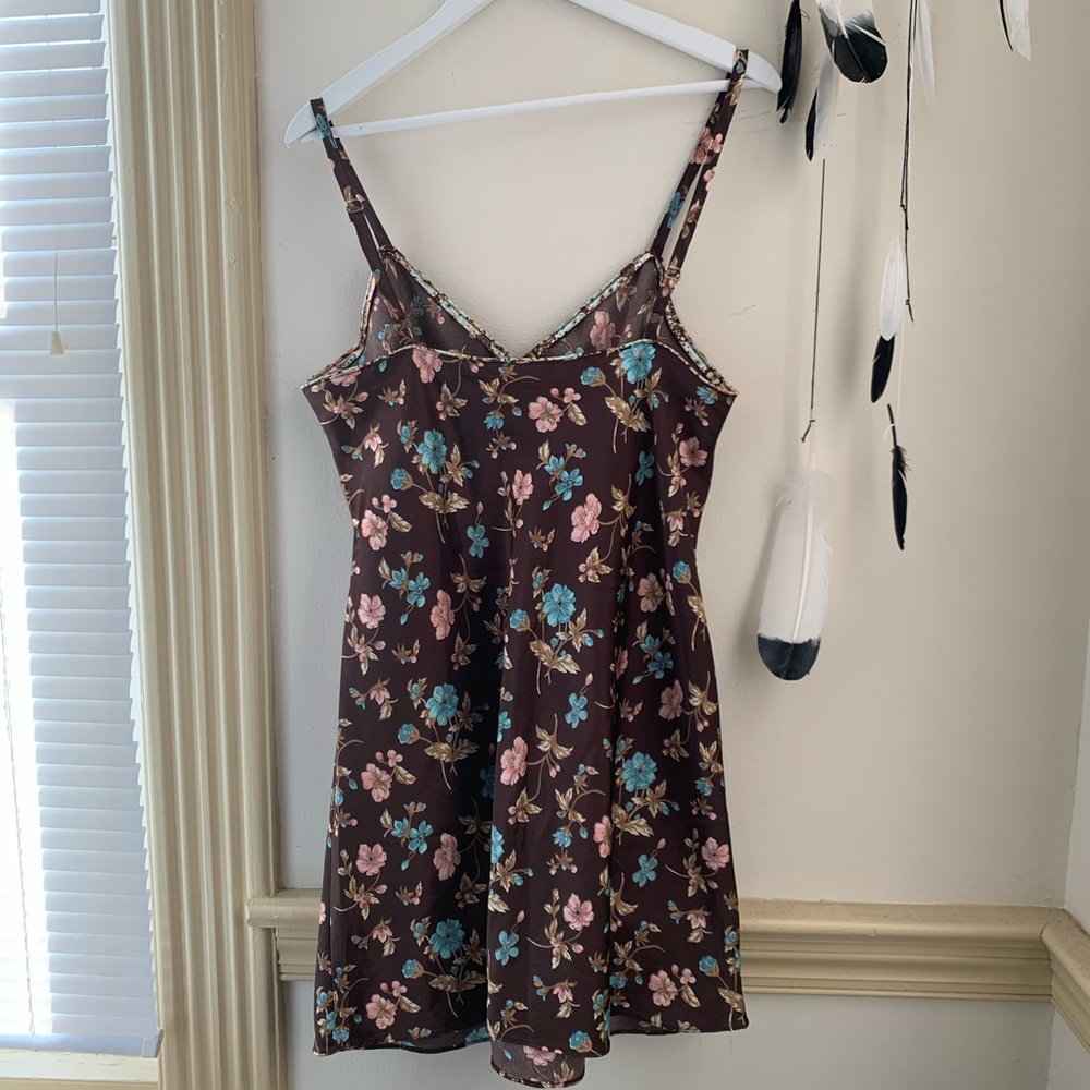 Vintage V-neck Brown Floral Slip Dress SZ L - Picture 6 of 12